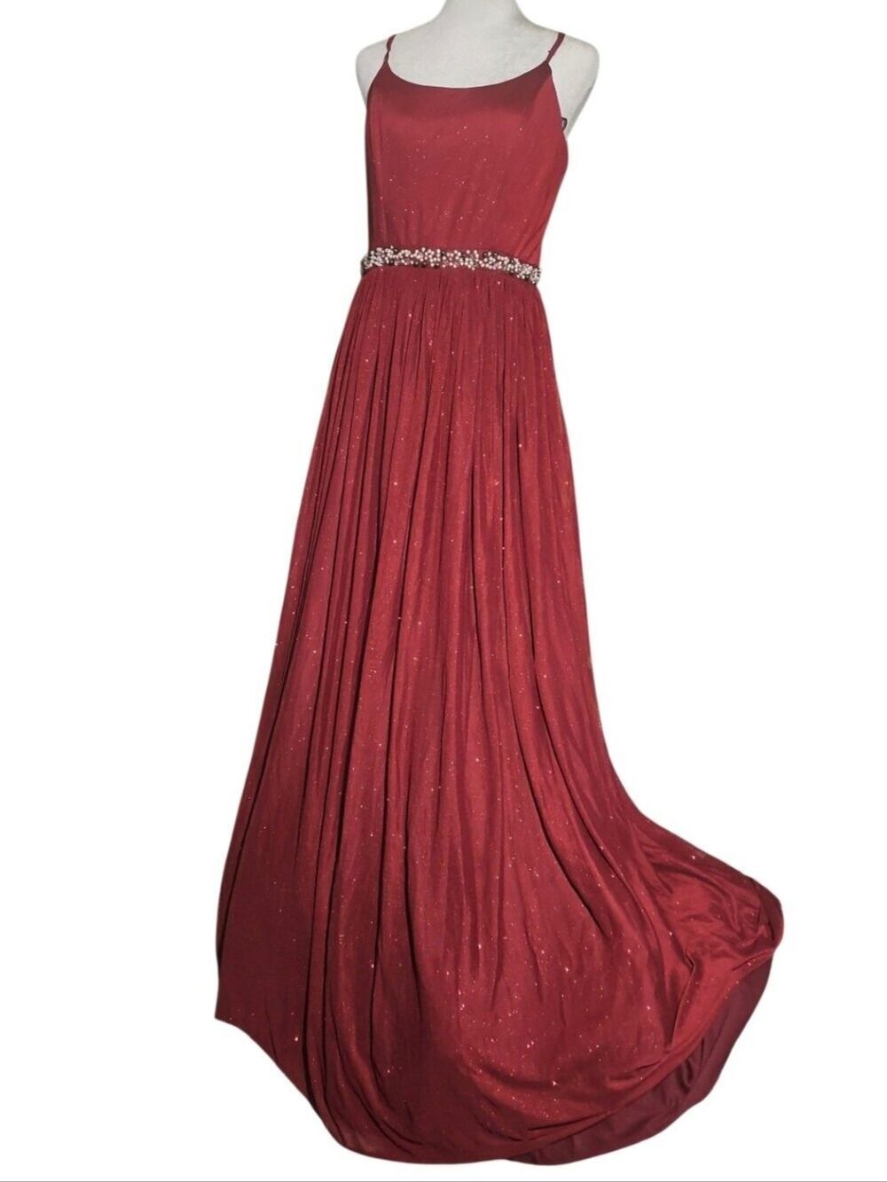 SPEECHLESS Burgundy Glitter Sheer Evening Gown Size 9 Beaded Flowing  Faux pearl - Picture 14 of 17